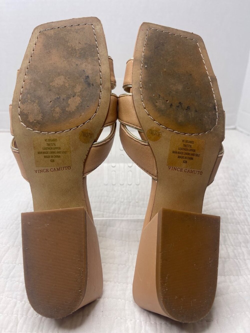 Vince Camuto Leather Block Heel Selaries Slide Sandals7M Beige/Walnut - Picture 8 of 8